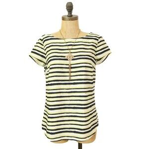 Ann Taylor Loft Blouse Sz S Short Sleeve Top Yellow Black White Striped EUC B61
